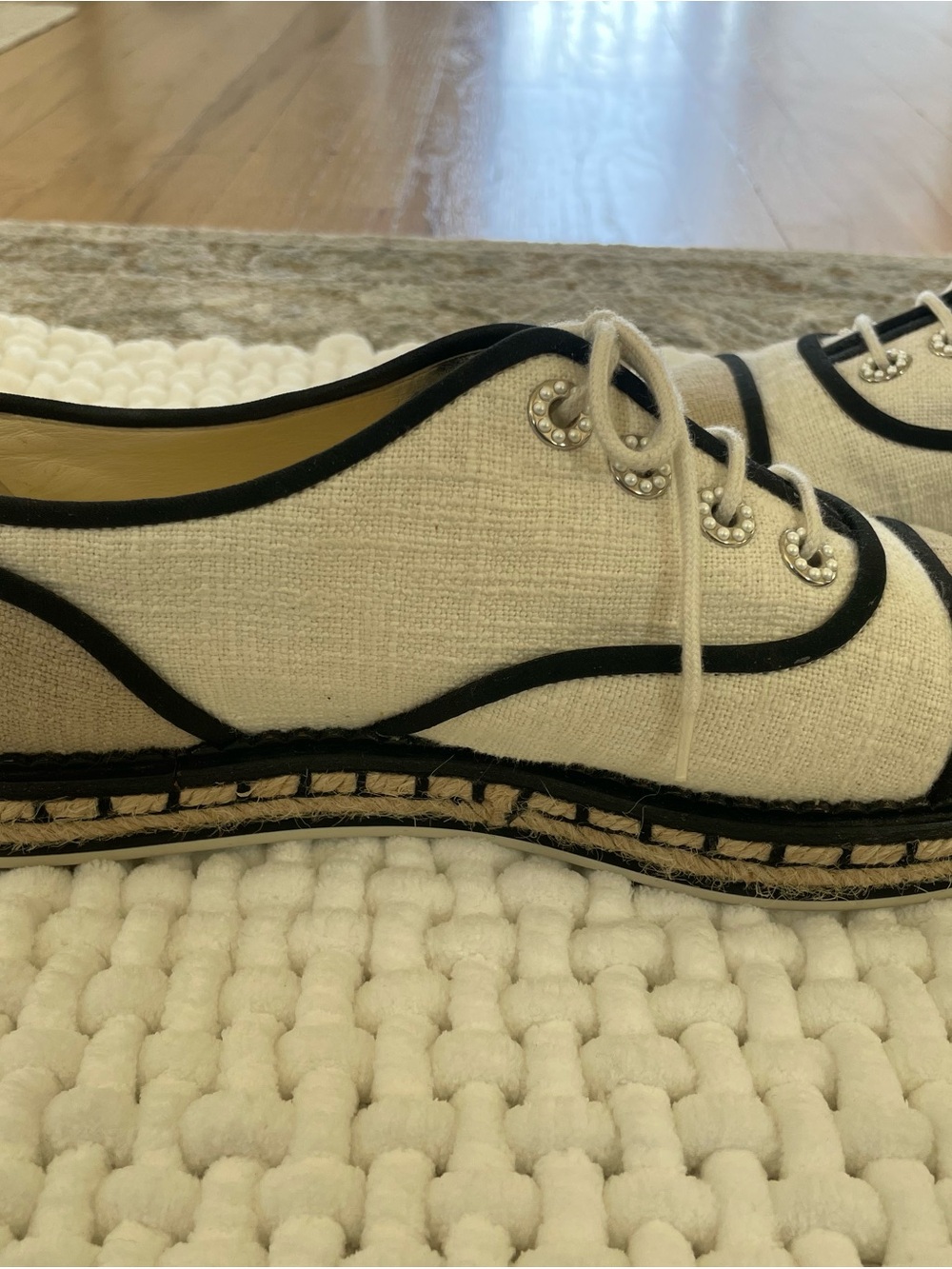 CHANEL Beige White Espadrilles linen with pearl accents. Interlocking CC - Picture 8 of 16